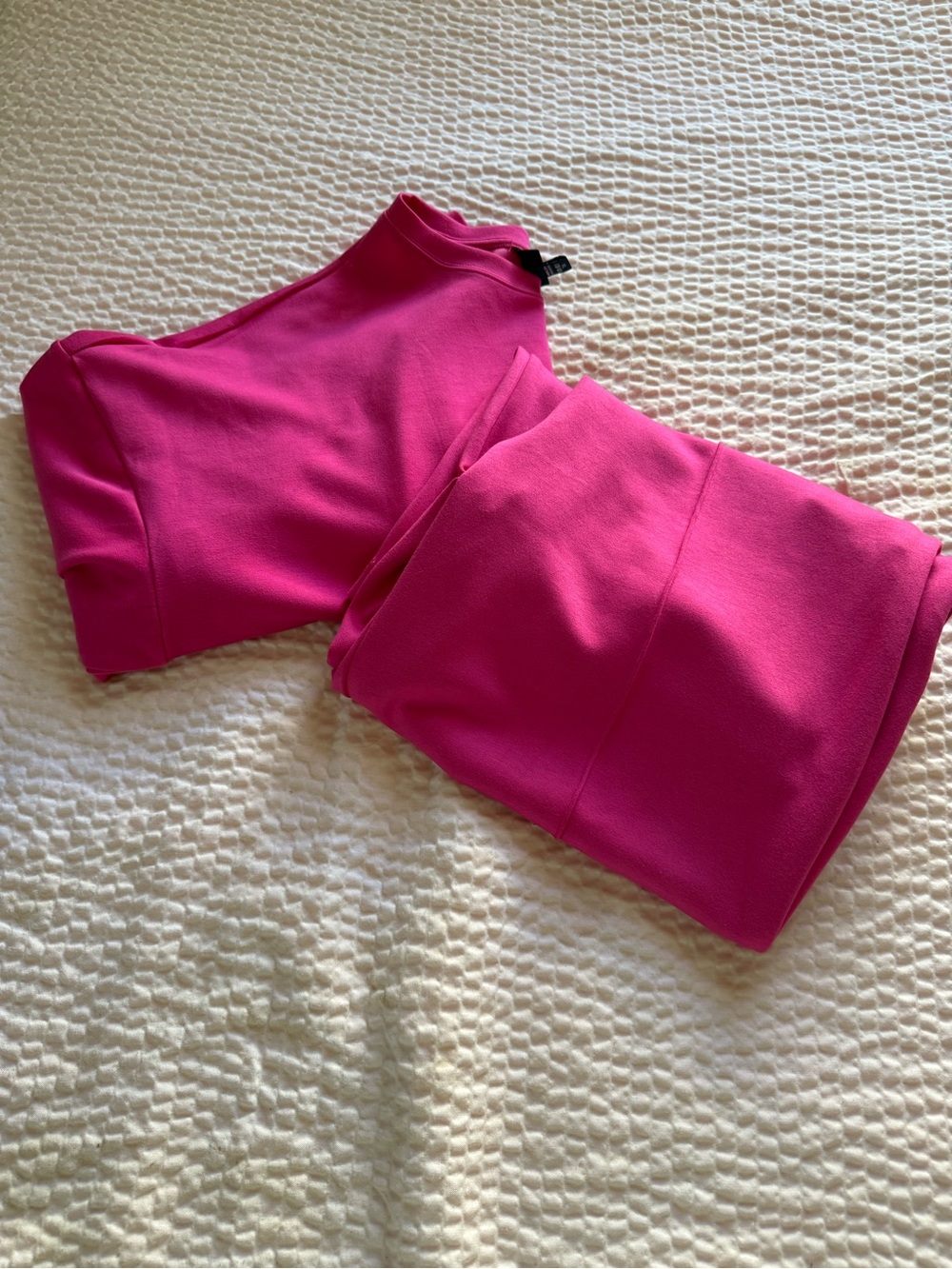 Vibrant Hot Pink Crew Neck Top and matching pants scuba knit seamed pants.